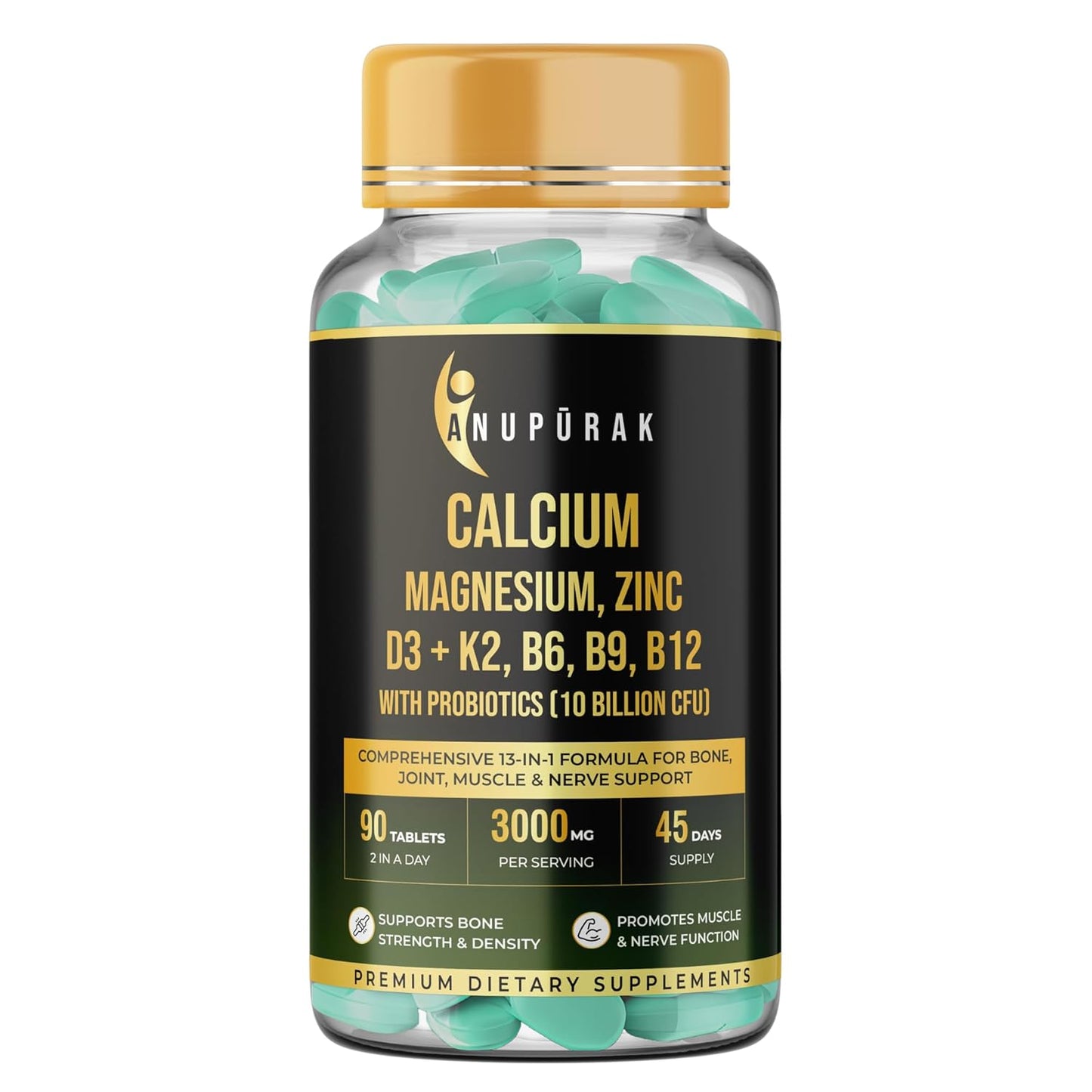 ANUPURAK Calcium and Vitamin D3 Tablets | 15 Actives: Calcium Magnesium Zinc with K2 MK-7 & Probiotics | Gentle on Stomach · High Absorption | Bone Health Supplement | 90 Veg Tablets (45 Days)