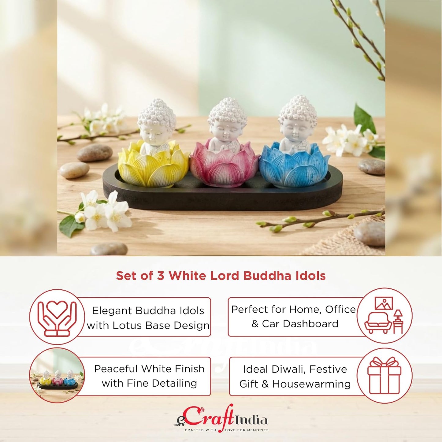 eCraftIndia Set of 3 White Lord Buddha Idols in Lotus Base | Buddha Statues for Car Dashboard Office Home Decor | Gift for Diwali Housewarming Birthday