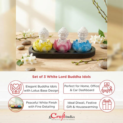 eCraftIndia Set of 3 White Lord Buddha Idols in Lotus Base | Buddha Statues for Car Dashboard Office Home Decor | Gift for Diwali Housewarming Birthday