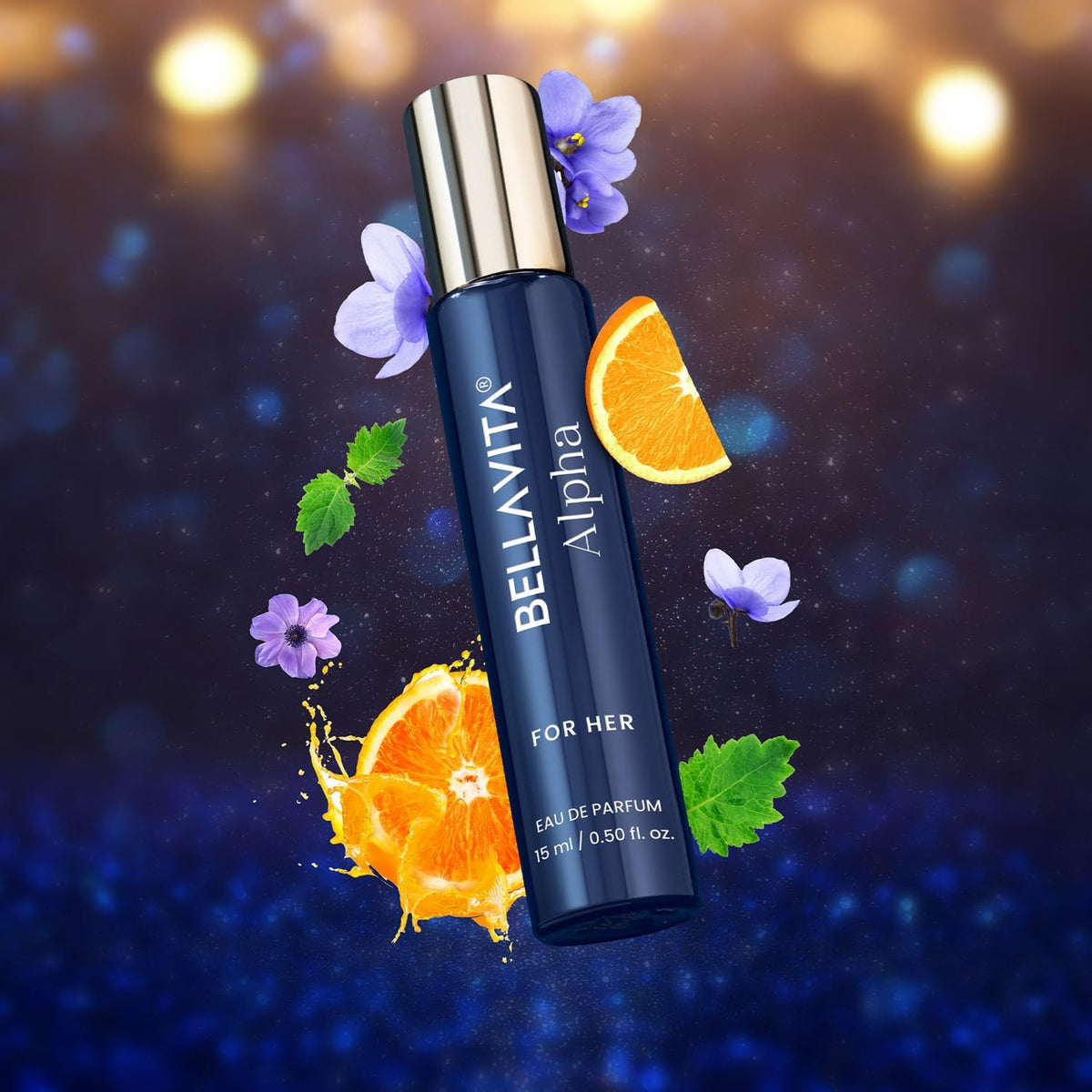 Perfume bottle labeled 'BELLAVITA Alpha' with orange slices and flowers on a dark background