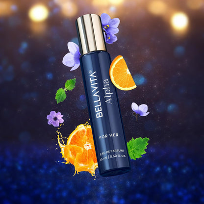 Perfume bottle labeled 'BELLAVITA Alpha' with orange slices and flowers on a dark background