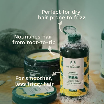 The Body Shop Banana Truly Nourishing Shampoo | Repairs & Smooths Frizz-Prone Hair | Enriched with Organic Banana Puree | Vegetarian | For Nourished & Soft Locks | For Men & Women | 250ml