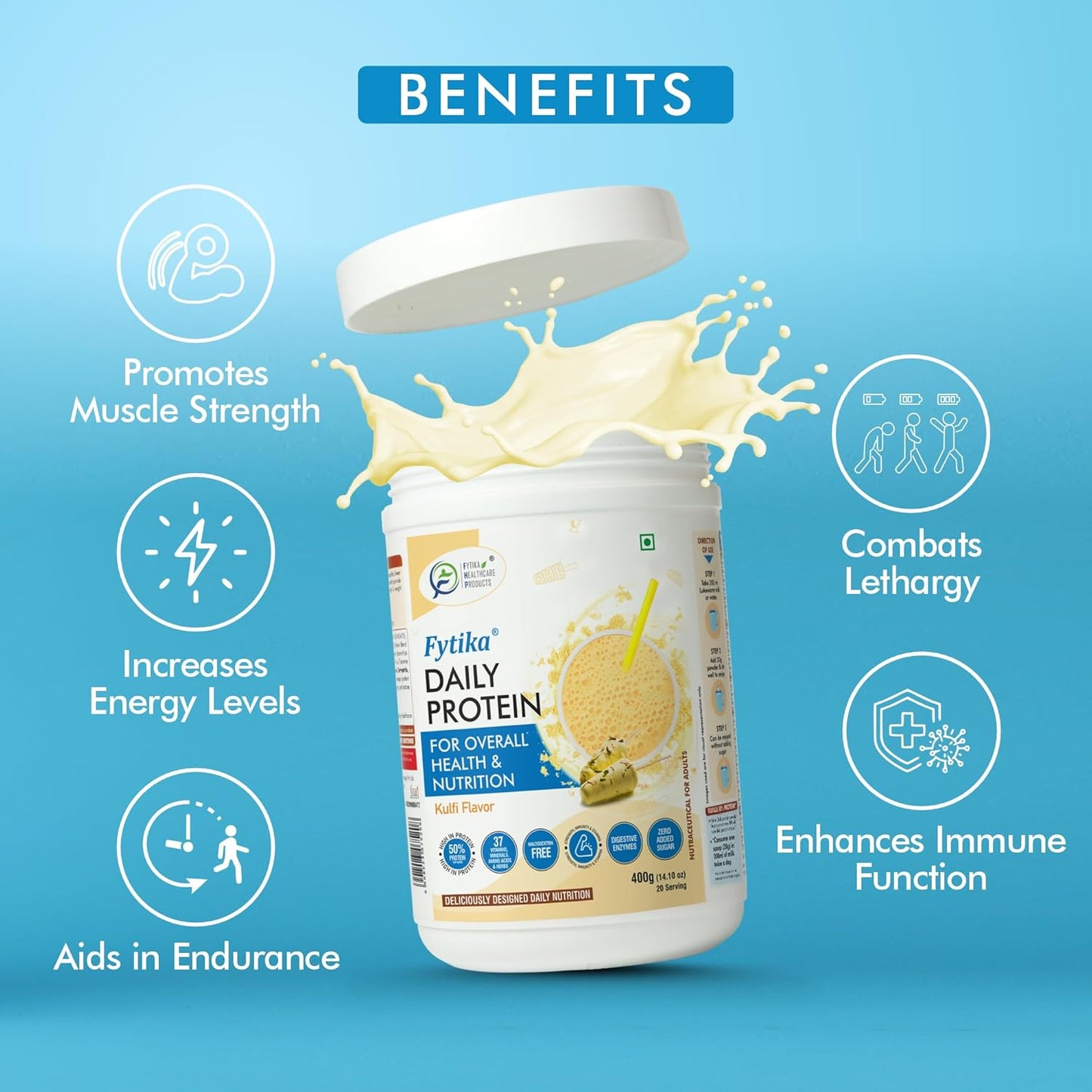 Fytika Daily Protein container with benefits listed on a blue background