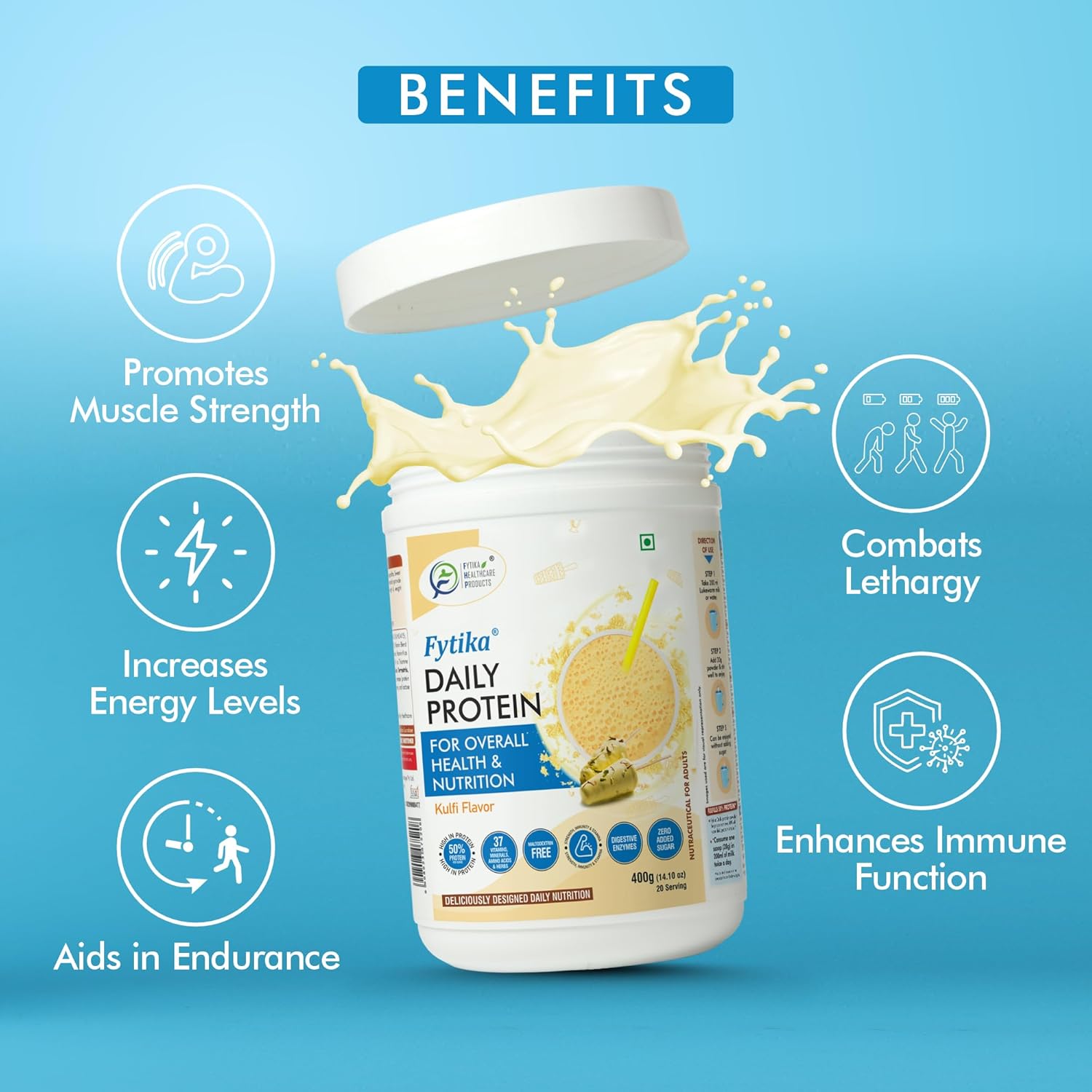 Fytika Daily Protein container with benefits listed on a blue background