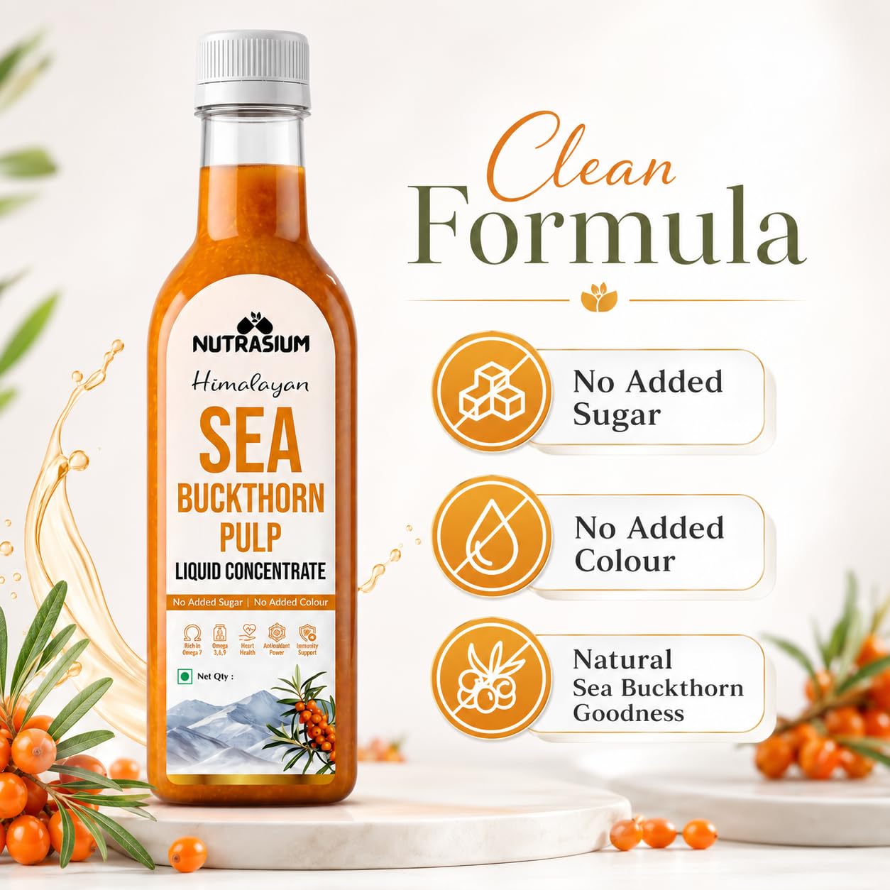 Nutrasium Himalayan Sea Buckthorn Berry Juice - 300 ml - Natural Source of Vitamin C, Omega 3 6 7 9, Antioxidants for Immunity, Skin Glow & Gut Health - 50 Glasses (300ml)