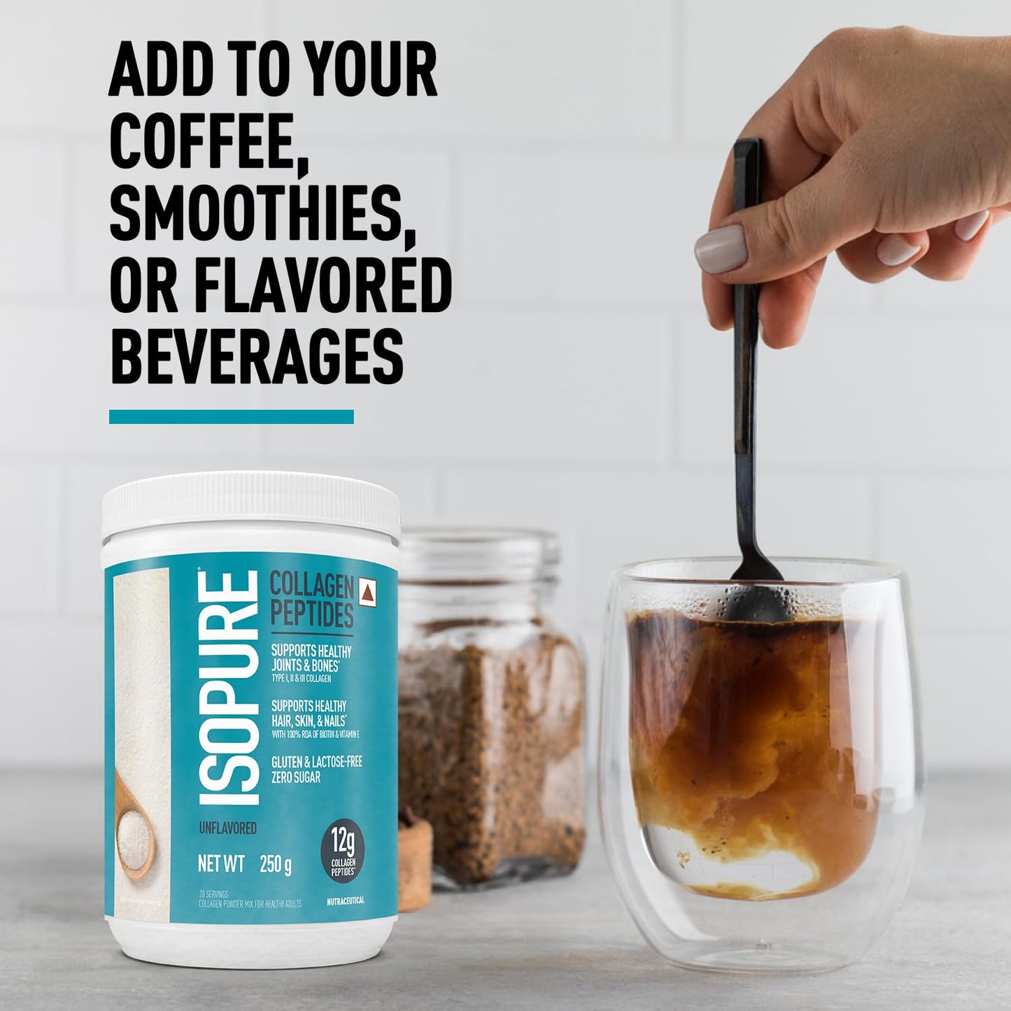 Isopure collagen peptides container with a glass of coffee and a spoon, text 'Add to your coffee, smoothies, or flavored beverages'.