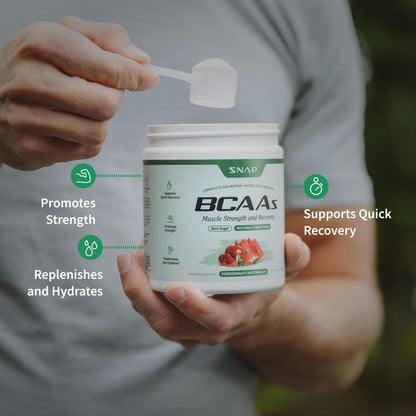 Person holding a container of BCAAs supplement with text highlighting benefits.