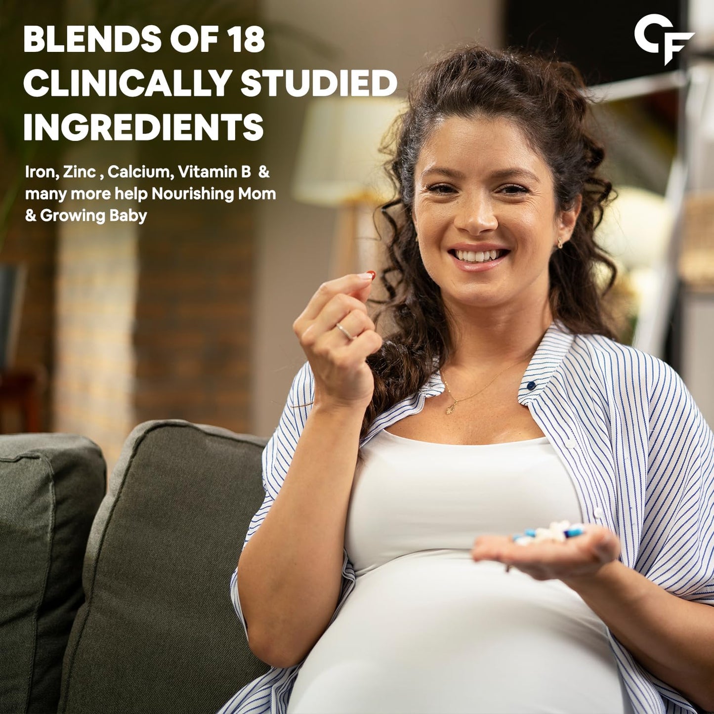 Pregnant woman holding a supplement pill with text about clinically studied ingredients.