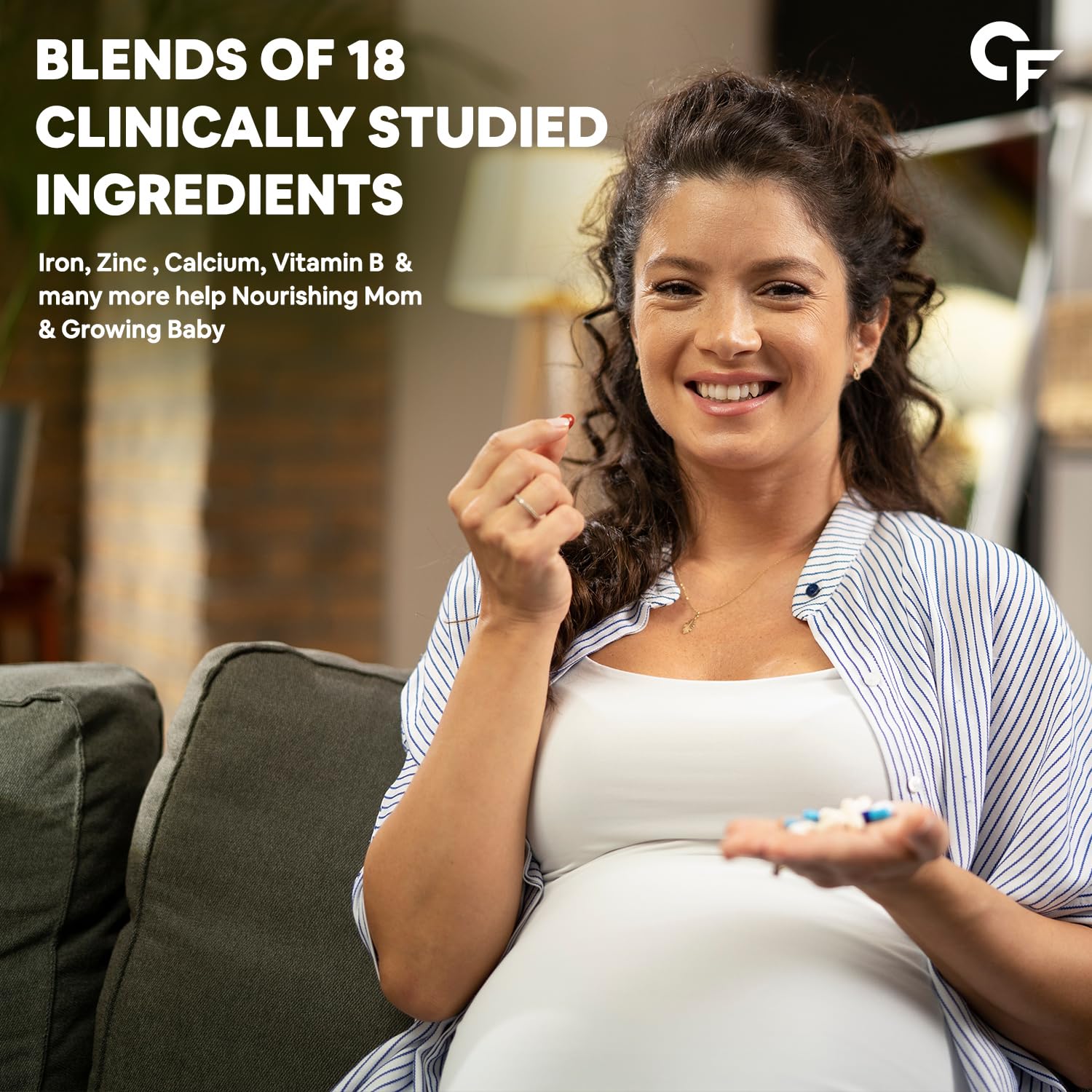 Pregnant woman holding a supplement pill with text about clinically studied ingredients.
