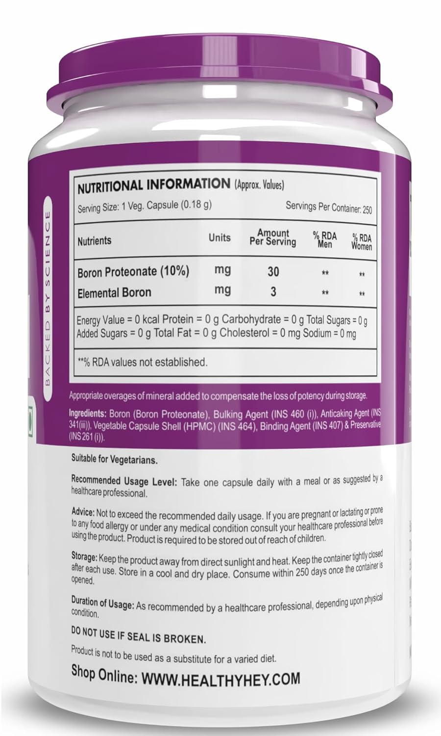 Nutritional information label on a supplement container with a purple lid.
