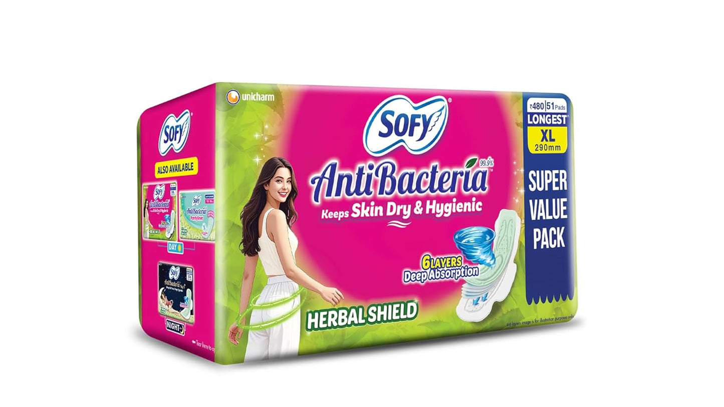 Sofy AntiBacteria XL - 290mm | 51 Count pads | For Women Sanitary Pads | Keep Skin Dry | 6 Layer Deep Absorption | Herbal Shield | Hygiene & Herbs | X-Large