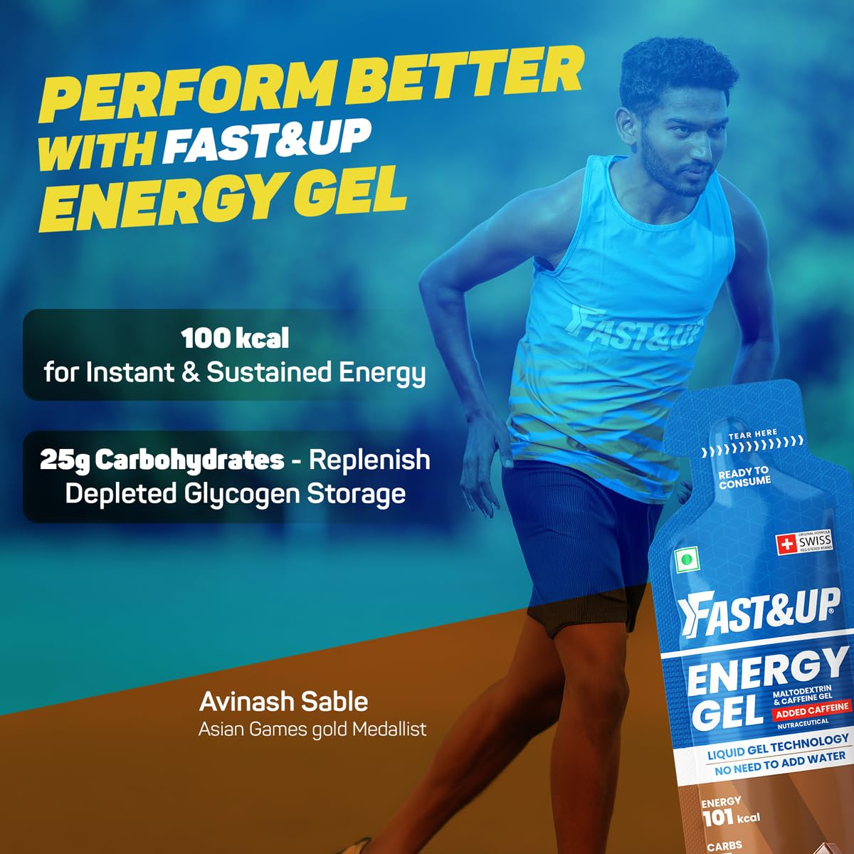 Advertisement for Fast&Up Energy Gel featuring a runner with product packaging.