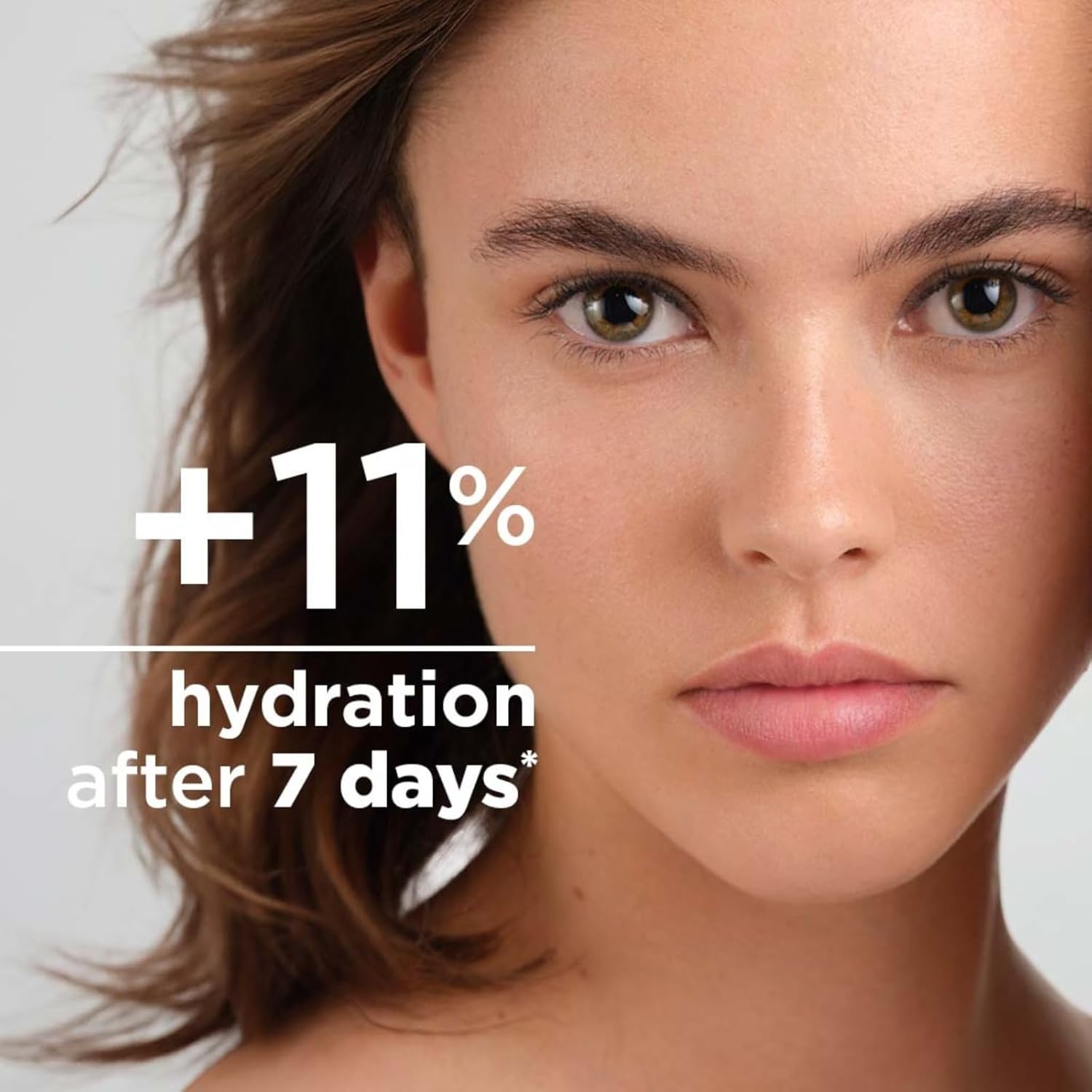 Woman's face with text indicating 11% increase in hydration after 7 days