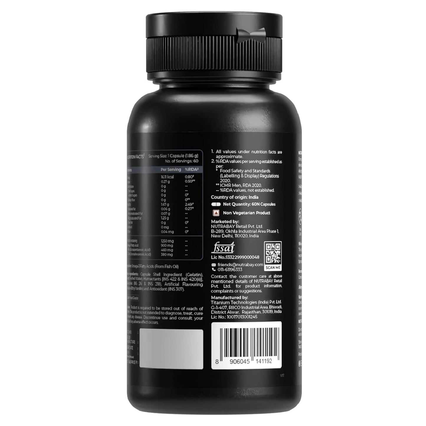 Black supplement bottle with label on a white background