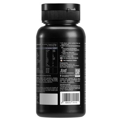 Black supplement bottle with label on a white background