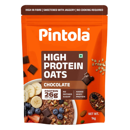 PINTOLA 26g High Protein Oats 1kg, Dark Chocolate, No Refined Sugar, with Almonds, Raisins, Pumpkin & Chia Seeds, 9.6g Fibre, Rolled Oats for Weight Loss, Breakfast Cereals | Gluten Free