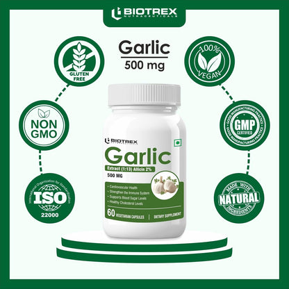 Biotrex Nutraceuticals Garlic 500 mg For Heart health,Cholesterol Management and Weight Loss - 60 Capsules
