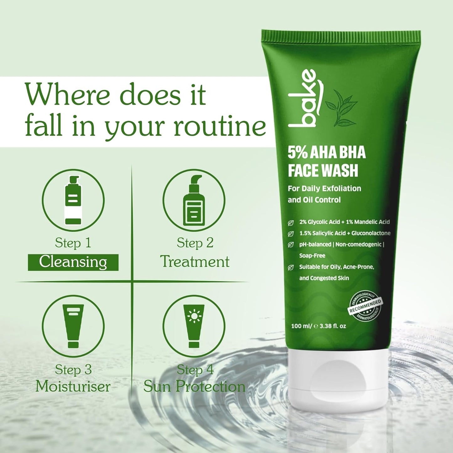 BAKE 5% AHA BHA Face Wash with 1.5% Salicylic Acid, 2% Glycolic Acid & 1% Mandelic Acid for Open Pores, Acne & Dark Spots | For Oily Acne Prone Skin | Daily Exfoliation & Oil Control - 100ml