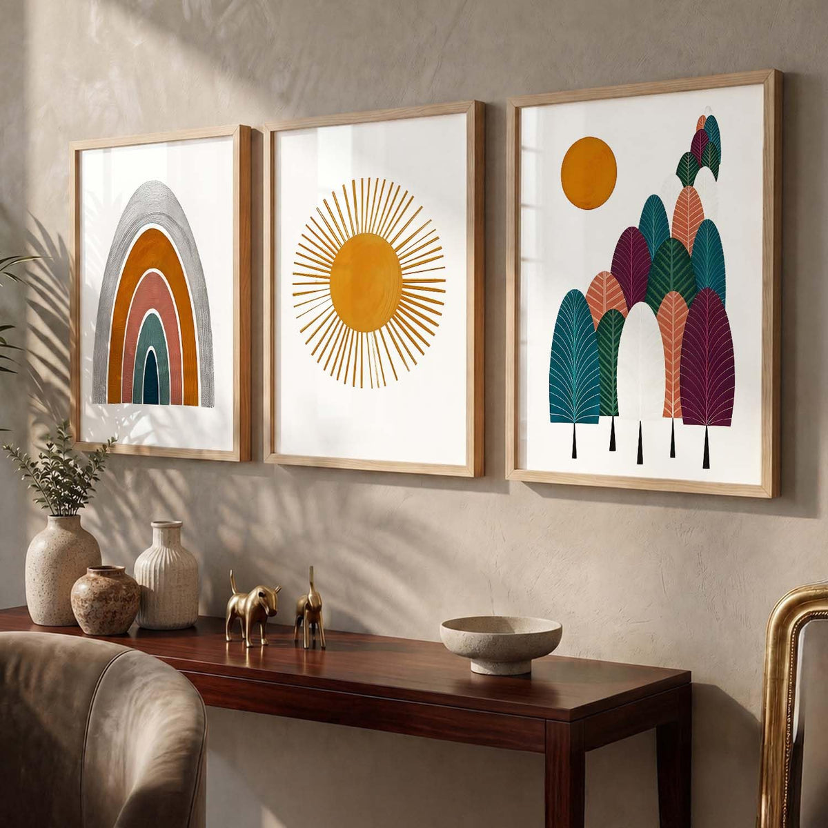 Boho Painting Wall Art Home Decoration Paintings With Frame For Living Room Bed Room Hotel Wall Decor Digital Reprint Set of 3 (13X17 inch)