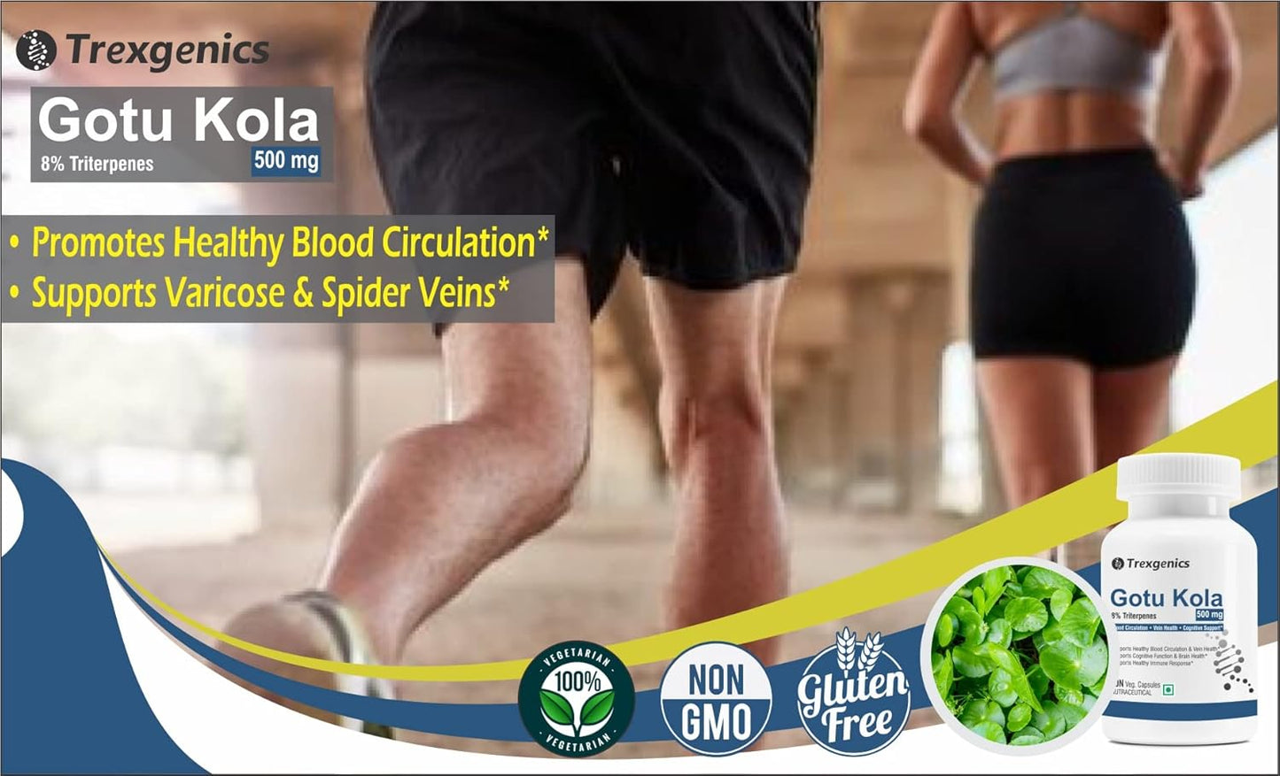 Advertisement for Trexgenics Gotu Kola supplement with people exercising in the background