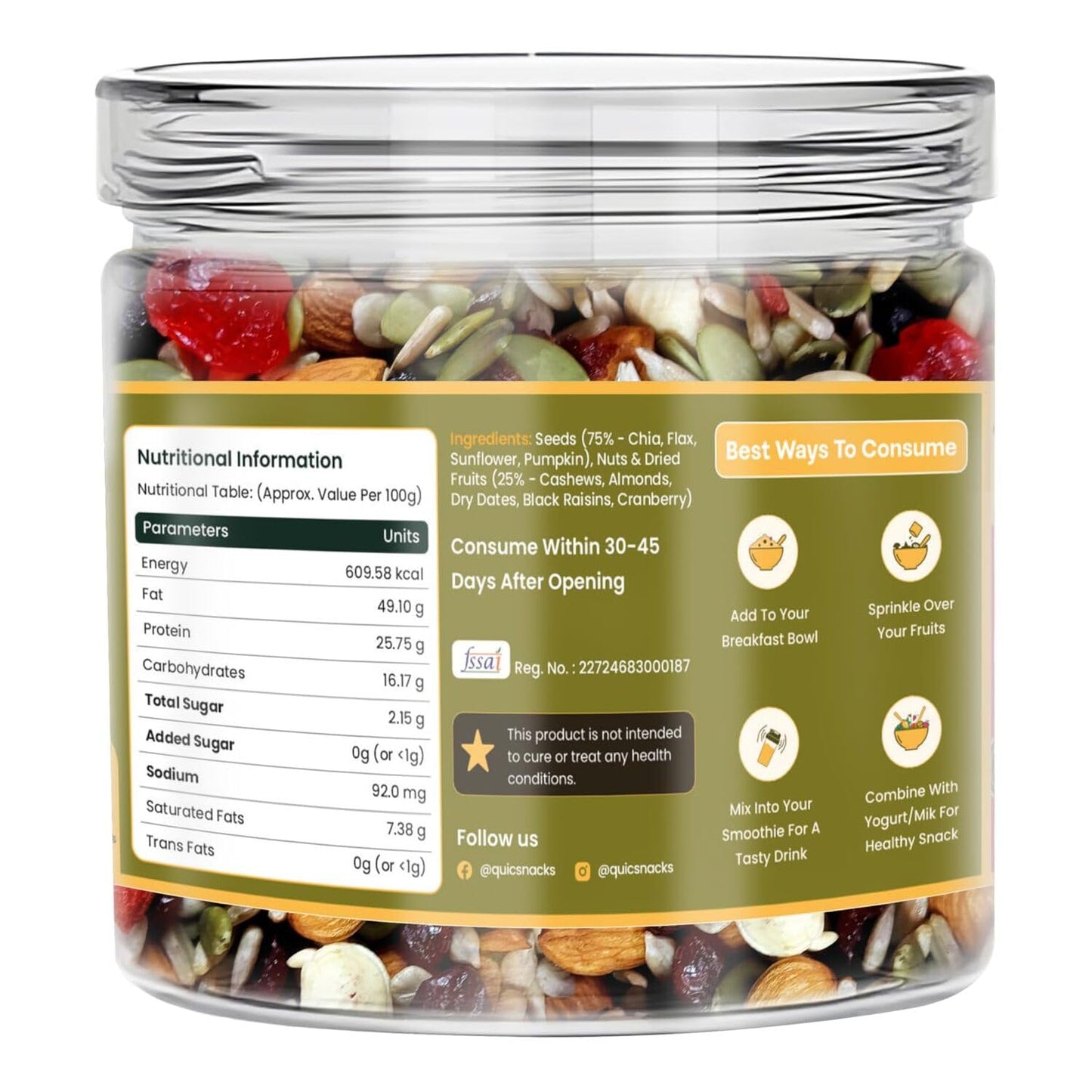 QuicSnacks 9-in-1 Cardioboost Seed Mix | Omega-3 Rich Trail Mix | Crunchy & Flavorful Snack | Healthy Nuts & Dry Fruits for Heart Health & Circulation