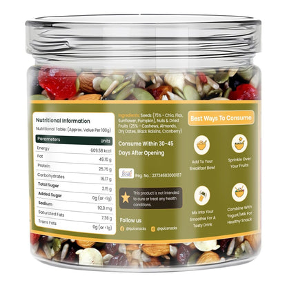 QuicSnacks 9-in-1 Cardioboost Seed Mix | Omega-3 Rich Trail Mix | Crunchy & Flavorful Snack | Healthy Nuts & Dry Fruits for Heart Health & Circulation