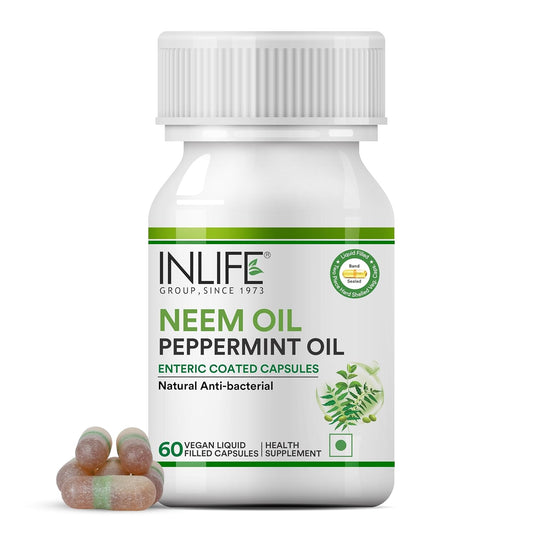 INLIFE Neem Oil 350mg with Peppermint Oil 150mg | Digestive Health & Skin, Hair Care Supplement | Enteric Coated Capsules – 60 Liquid Filled Vegetarian Capsules (Pack of 1, 60)