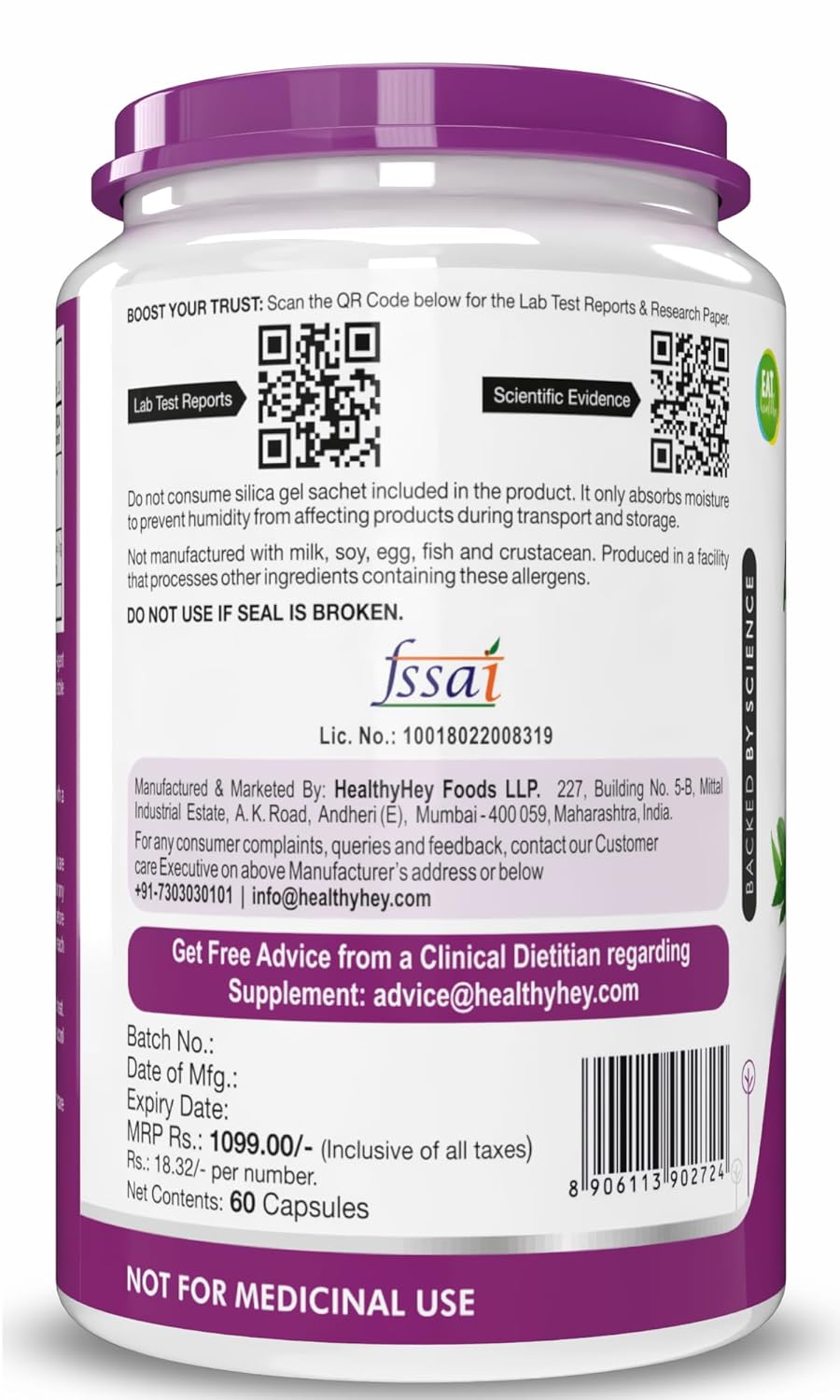 Supplement container with purple label and text, including a QR code and FSSAI logo.