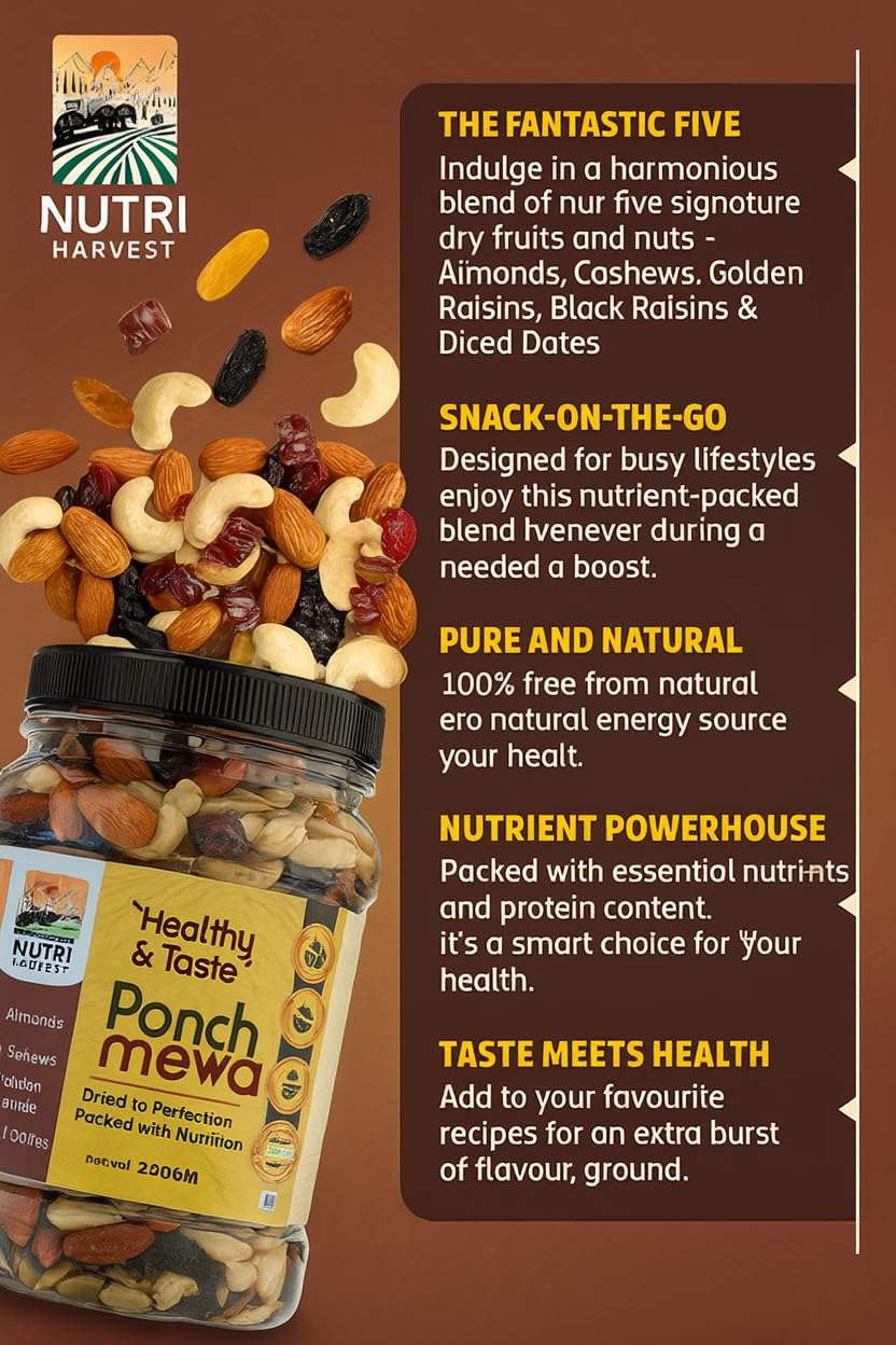 NUTRI HARVEST Premium Dry Fruits Mix pack (Panch Mewa Mix), Natural Blend of Almonds, Cashews,Black and green Raisins and diced Dates| Fit for Fasting 250 gram| (Re-sealable pack for freshness)