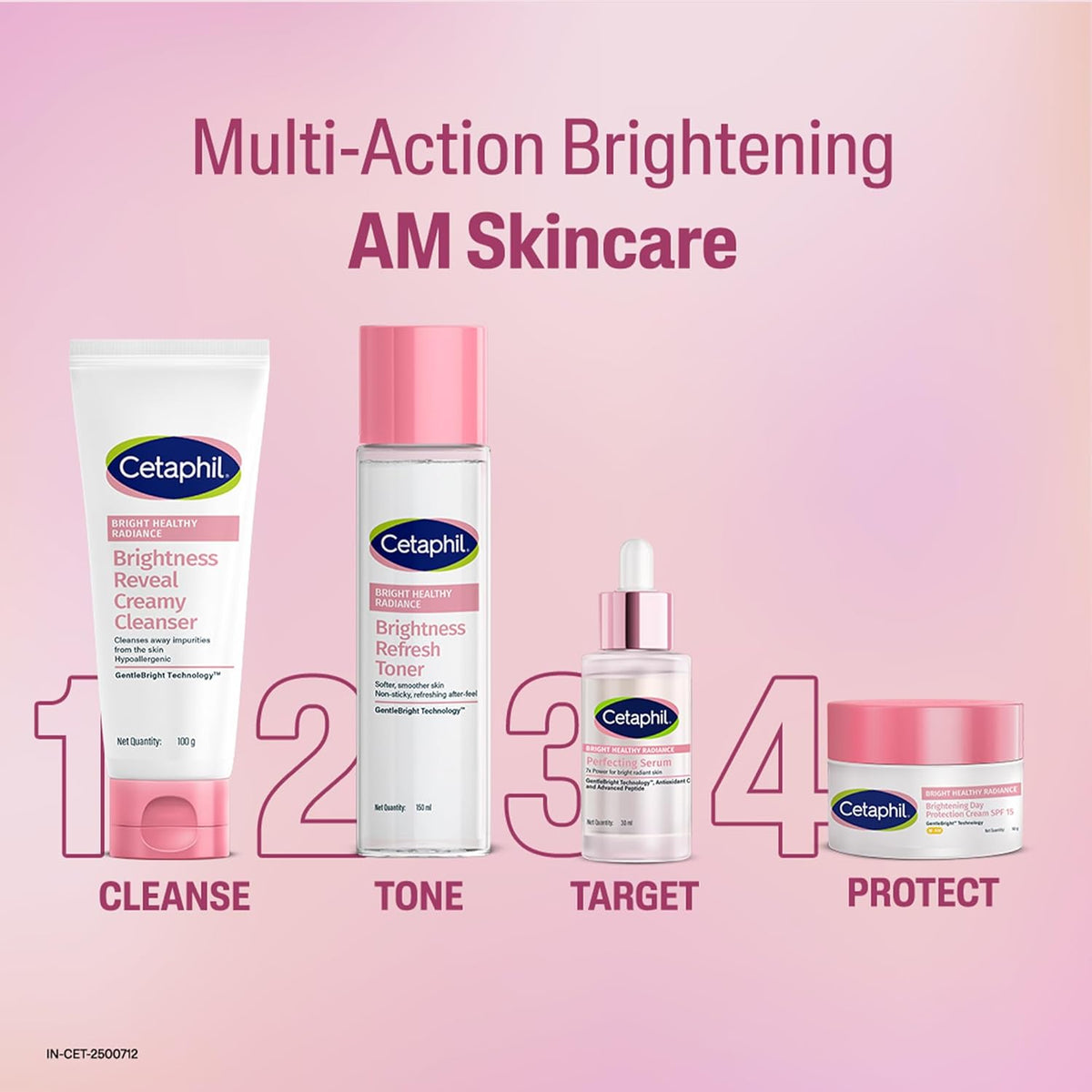 Cetaphil skincare products with step-by-step guide on a pink background