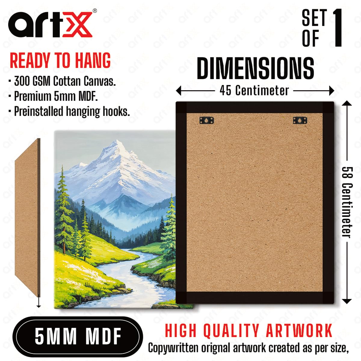 Canvas Mountain Painting Vastu, Flowing Water Painting For Vastu, Multicolor, Landscape, Nature, 58.0 X 45.0 cm, Set of 1
