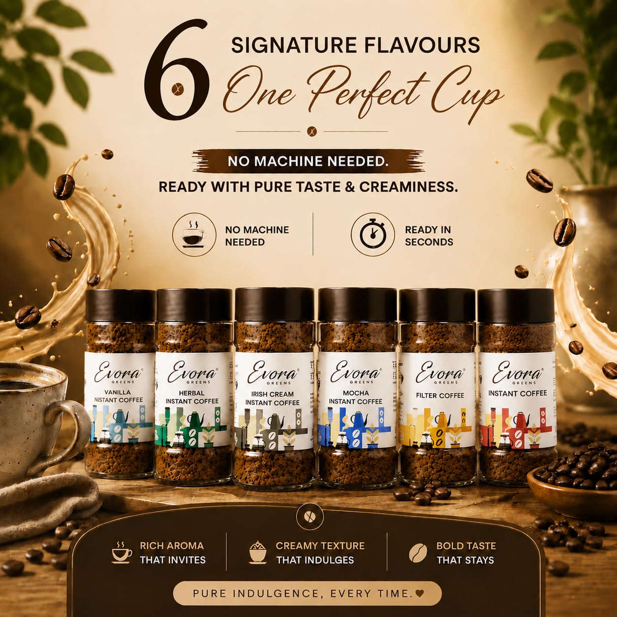 EVORA Greens 100gm Instant Coffee Powder | Irish Cream Flavour | Coffee with Arabica & Robusta Blend - Medium Roast | Make Café Style Hot or Cold Coffee, black Coffee, Cappuccino, Latte at Home | Make 50 Cups