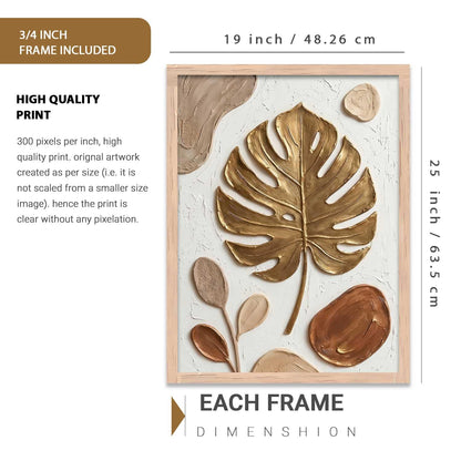 Golden Leaf Wall Art Home Decoration | Aesthetic Floral Paintings With Frame For Living Room Bed Room Hotel Wall Decor Digital Reprint (19x25 inch)
