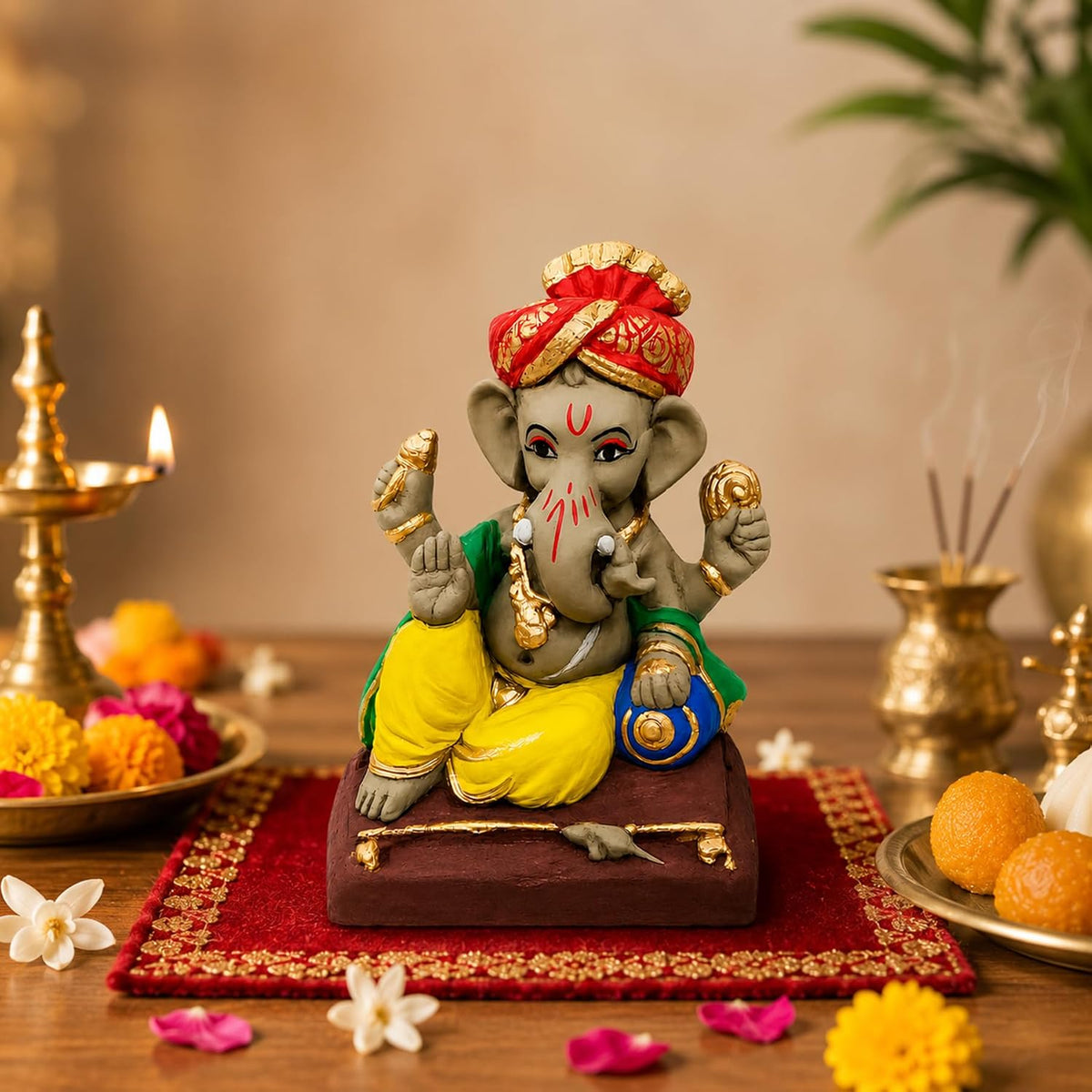 SHOPMEFAST Clay Ganesh Idol, 4 Inches Height, Water Soluble Ganpati Murti for Ganpati Visarjan (Small) (Multicolor - Pagri Ganesha)