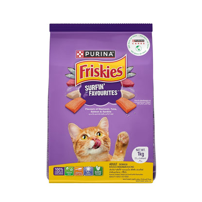 Purina Friskies Surfin' Favourites, Dry Food for Adult Cats, 1kg Pack | With Mackerel, Tuna, Salmon & Sardine Flavours, Complete Nutrition, Omega 3 & 6, Taurine, Calcium