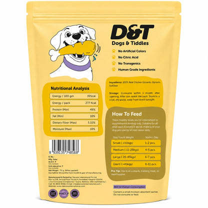 Dogs & Tiddles Chicken Gizzard Jerky Dog Treats for Puppies & Adult Dogs, 70g | Soft & Chewy High-Protein Dog Snacks | Grain-Free Training Treats | Supports Energy| Easily Digestible and Healthy