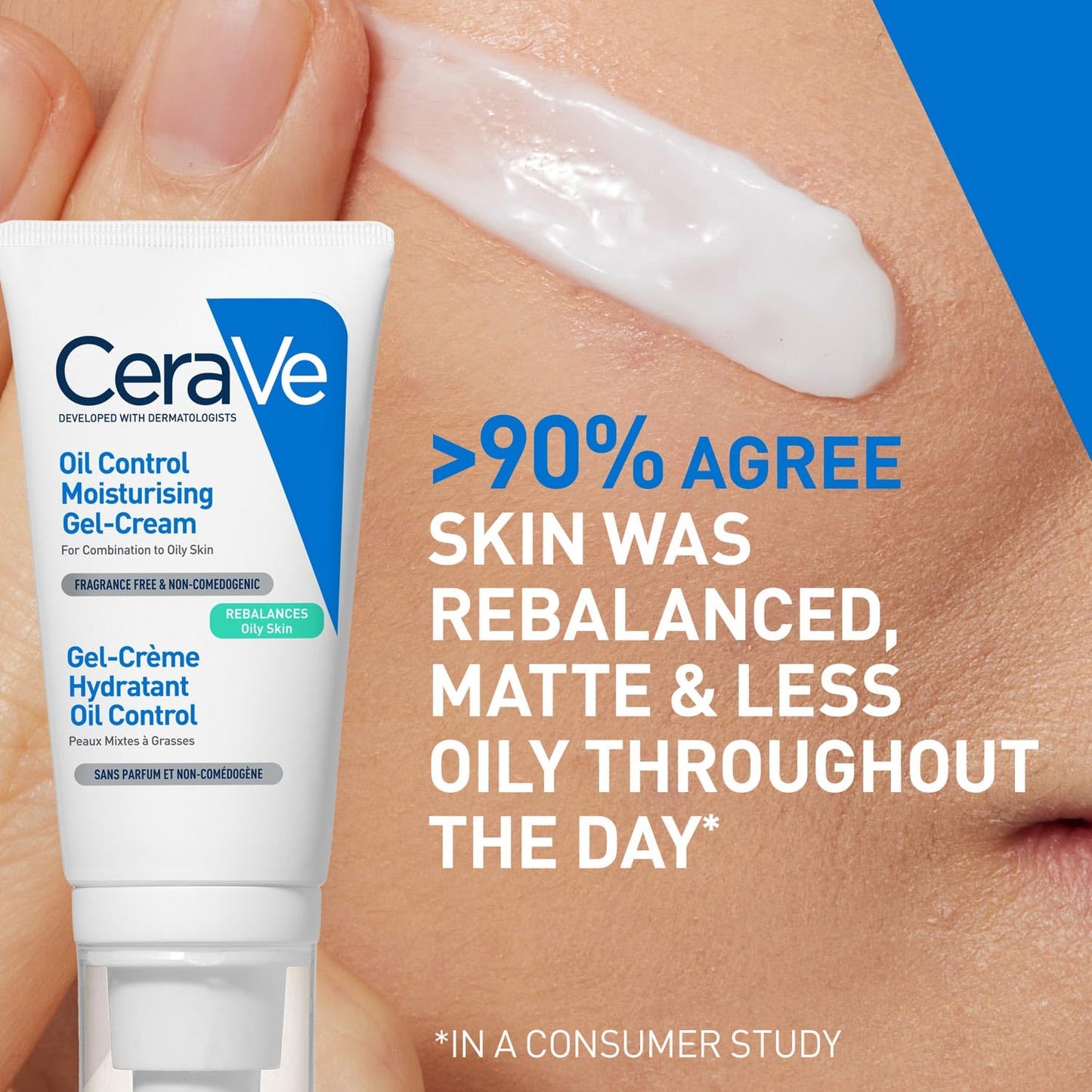 CeraVe oil control moisturizing gel-cream with application on skin and consumer study results.