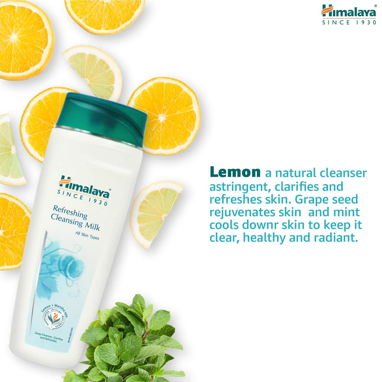 Himalaya Refreshing Cleansing Milk bottle with lemon slices and mint leaves on a white background
