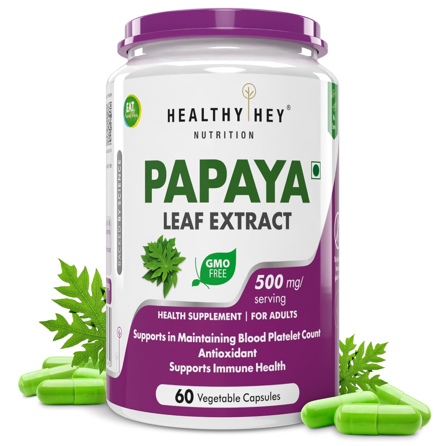 Healthy Hey Nutrition Papaya Leaf Extract supplement bottle with capsules on a white background