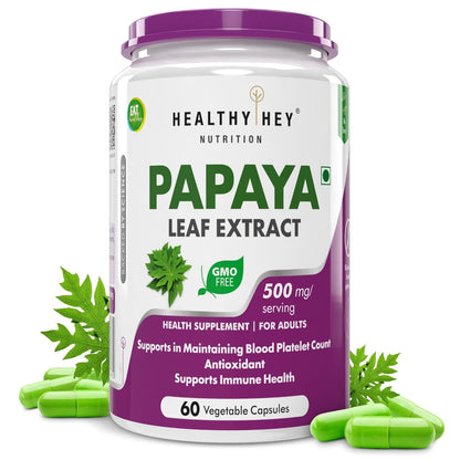 Healthy Hey Nutrition Papaya Leaf Extract supplement bottle with capsules on a white background