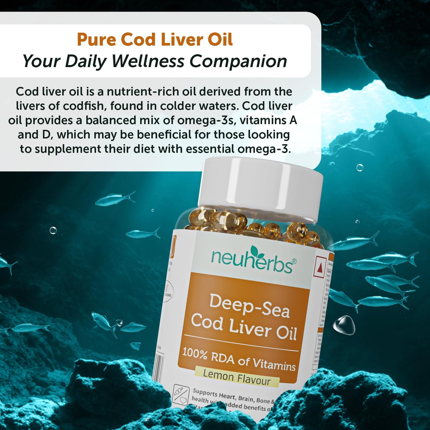 Neuherbs Deep Sea Cod Liver Oil Omega 3 Supplement With Vitamin A, D3 & E | Supports Heart, Brain, Bone & Skin Health | Fish Oil for Men & Women | No Fishy Burps With Lemon Flavour - 100 Softgels