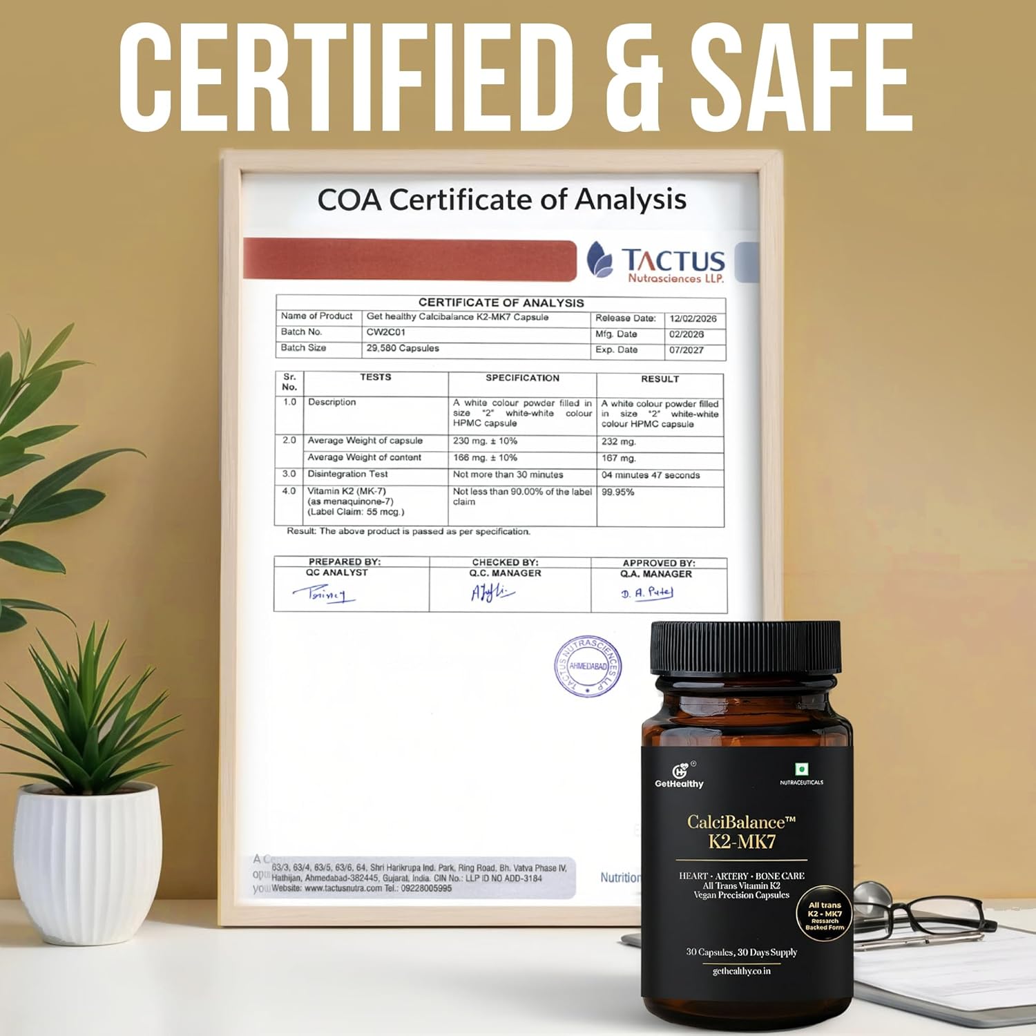 Bottle of CabiBalance K2 MK7 with a Tactus COA certificate on a desk.