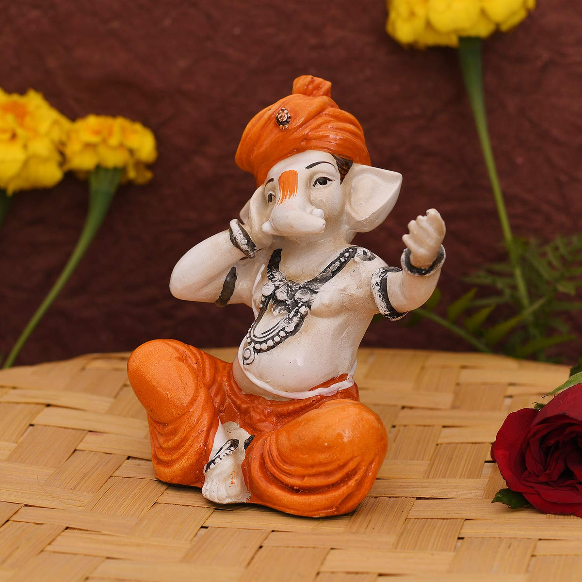 Polyresin Lord Musical Ganesh Statue, 5 x 3 x 2 Inches, Multicolor