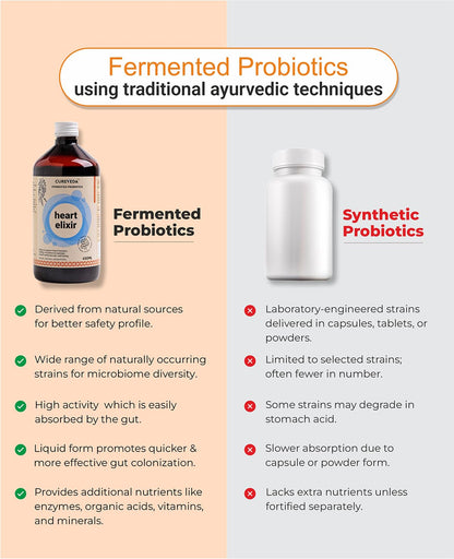 Comparison chart of fermented and synthetic probiotics with text and product images.