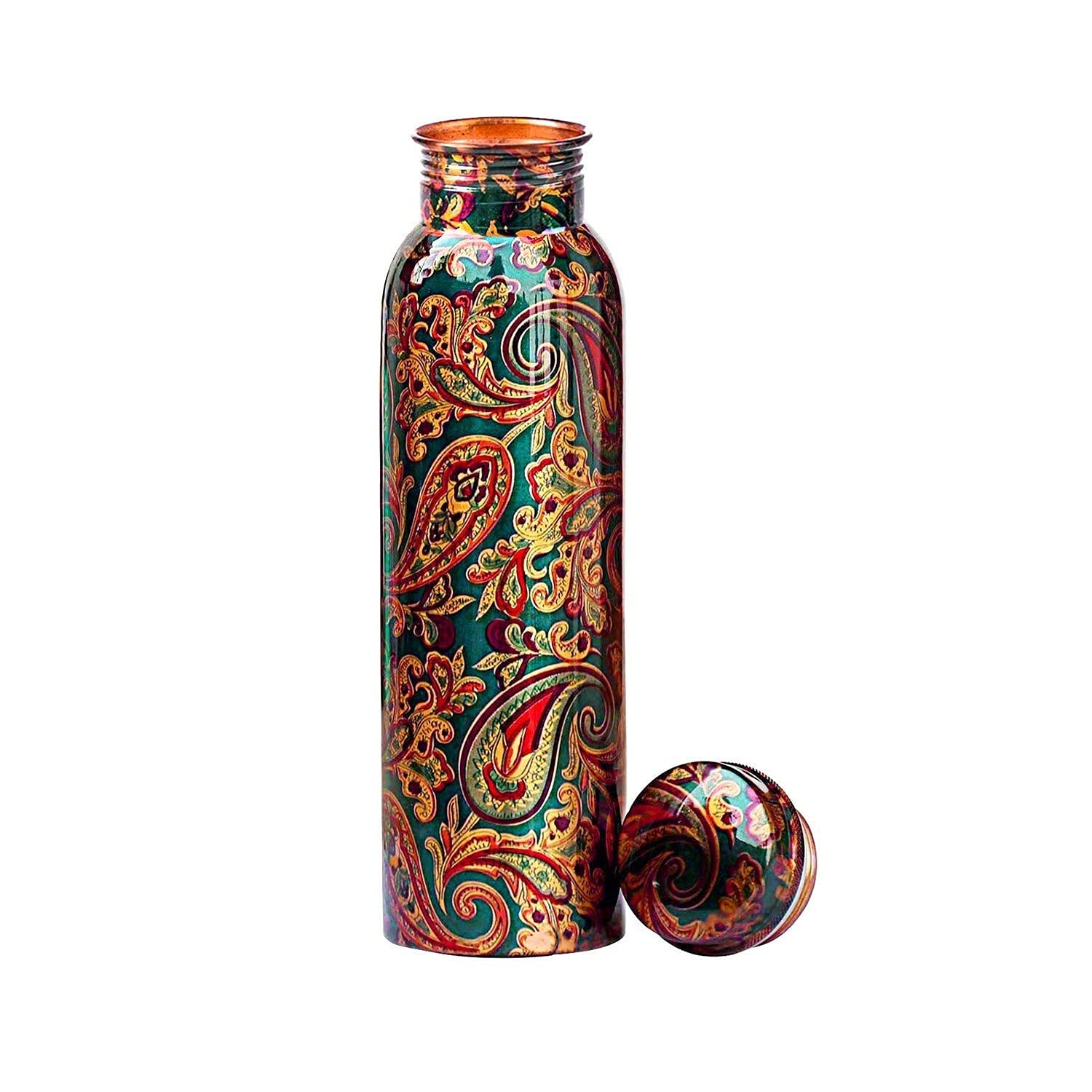 Decorative water bottle with paisley pattern on a white background