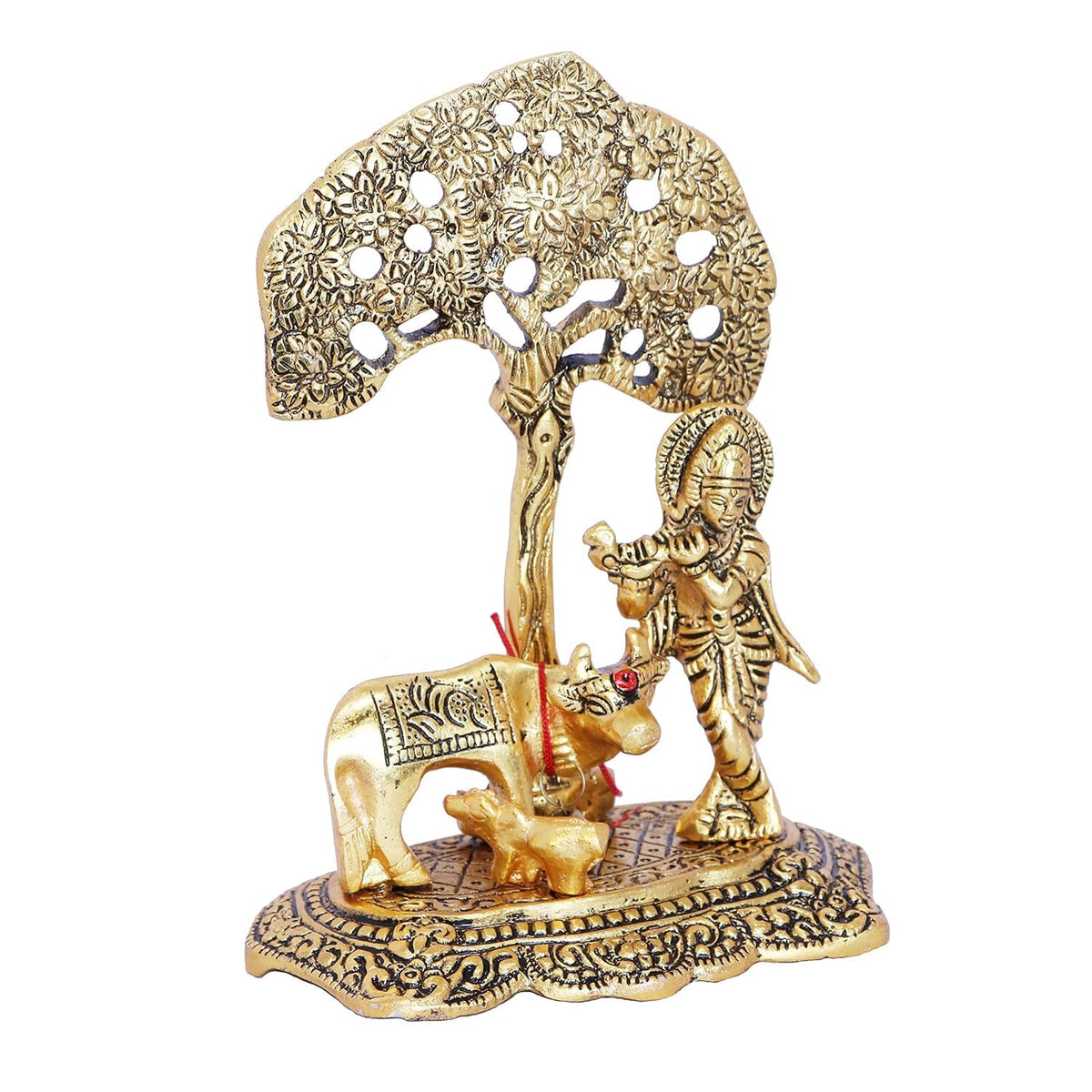 Premium Golden Finish Metal Krishna Playing Flute with Cow Sculpture, Decorative Hindu God Murti for Mandir, Office, Festive Gift and Home Decoration