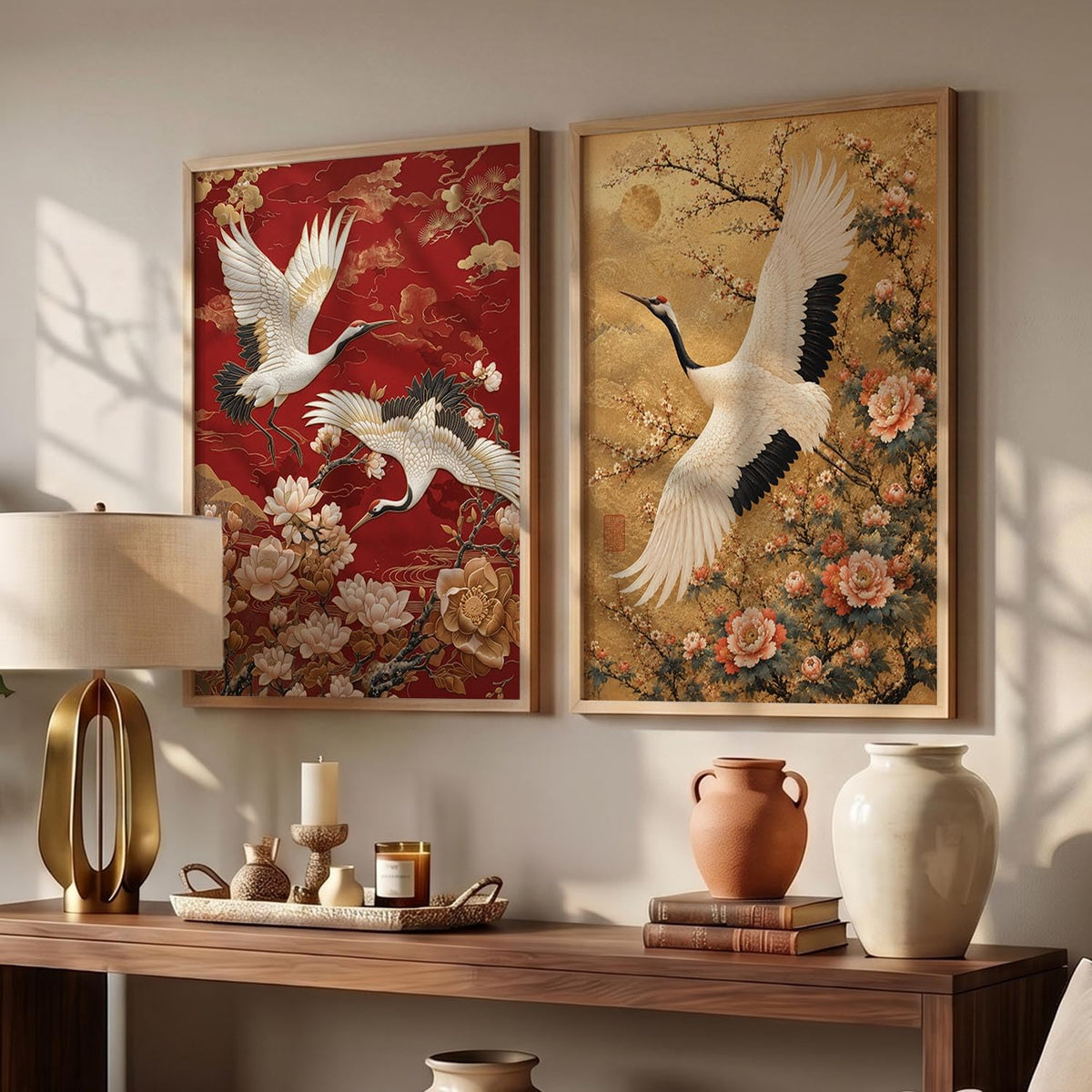 Aesthetic Japanese Crane Wall Art Painting with Cherry Blossom Flowers, Framed Nature Painting, Modern Art Home Decor for Living Room, Bedroom, Office Set of 2 (13X17 inch)