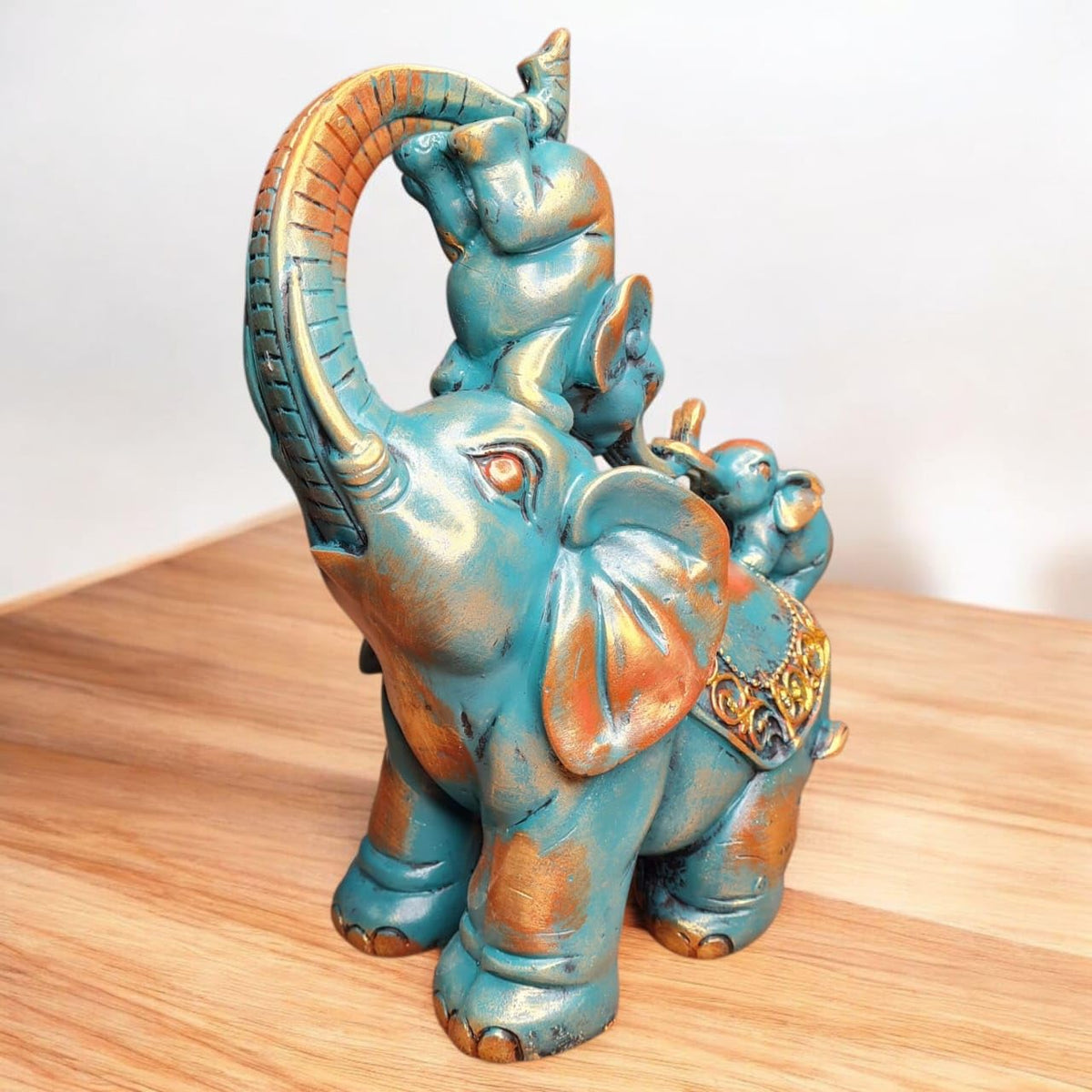 Fiber Resin Mother Elephant with 2 Lovely Babies Home Decor Idol | Blue Gold Decorative Animal Showpiece for Living Room, Bedroom, Office & Gifting | 25x15x30 cm (Regular Quality)