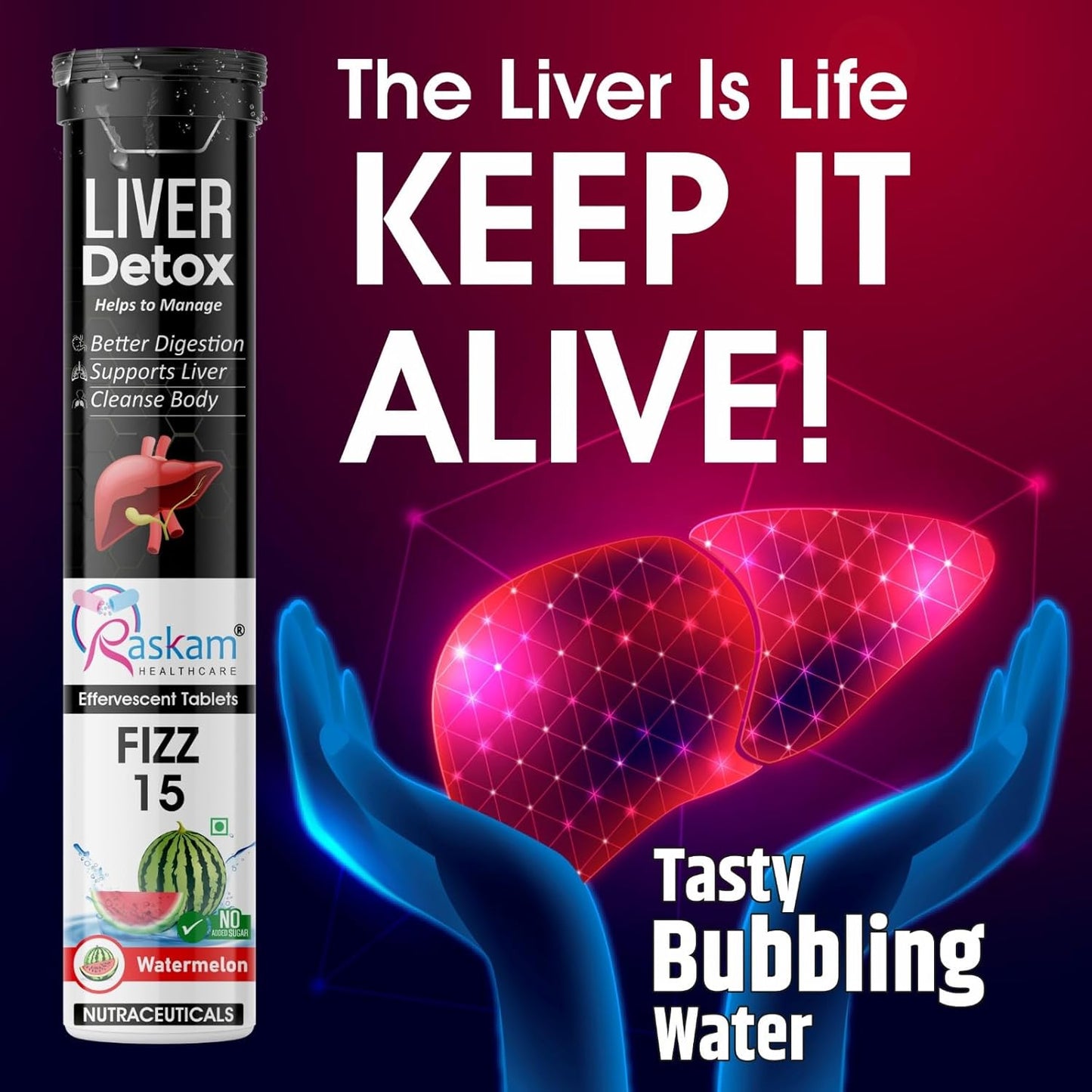 Liver detox supplement packaging with a glowing liver illustration on a red background.