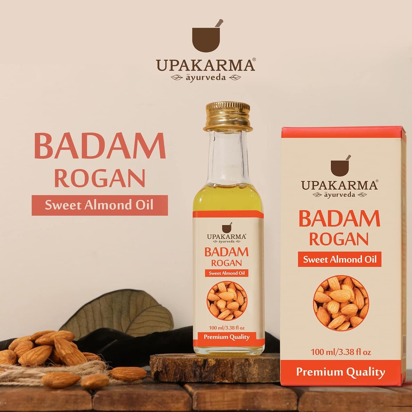 UPAKARMA Badam Oil | Pure and Natural Cold Pressed Sweet Almond/Badam Rogan Oil | Promotes Skin & Hair Health, 100ml - Pack of 1